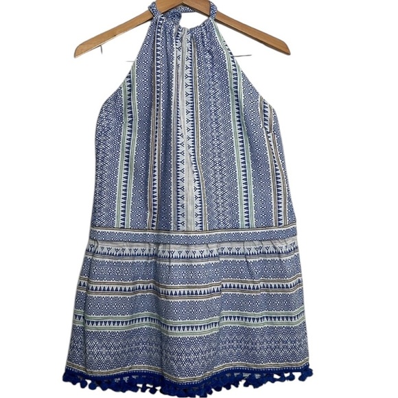Saylor Blue Striped Tassel Halter Mini Dress Women Size L - Picture 1 of 4